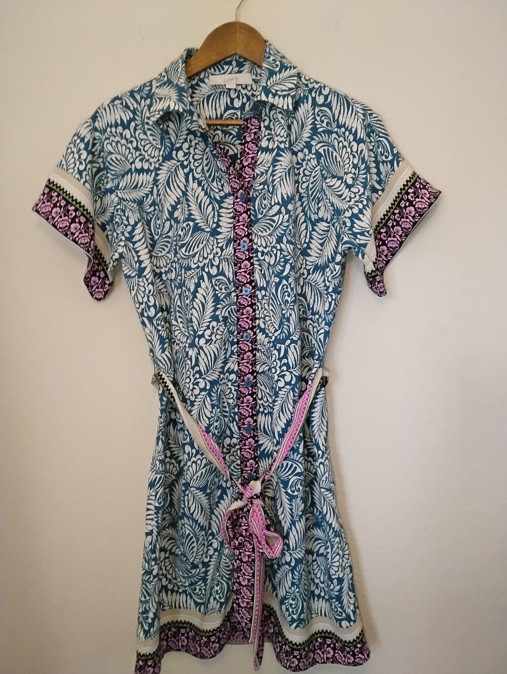 Loft Palm Collared Belted Mini Dress Womens Sz 2 Teal White Button Down Tropical